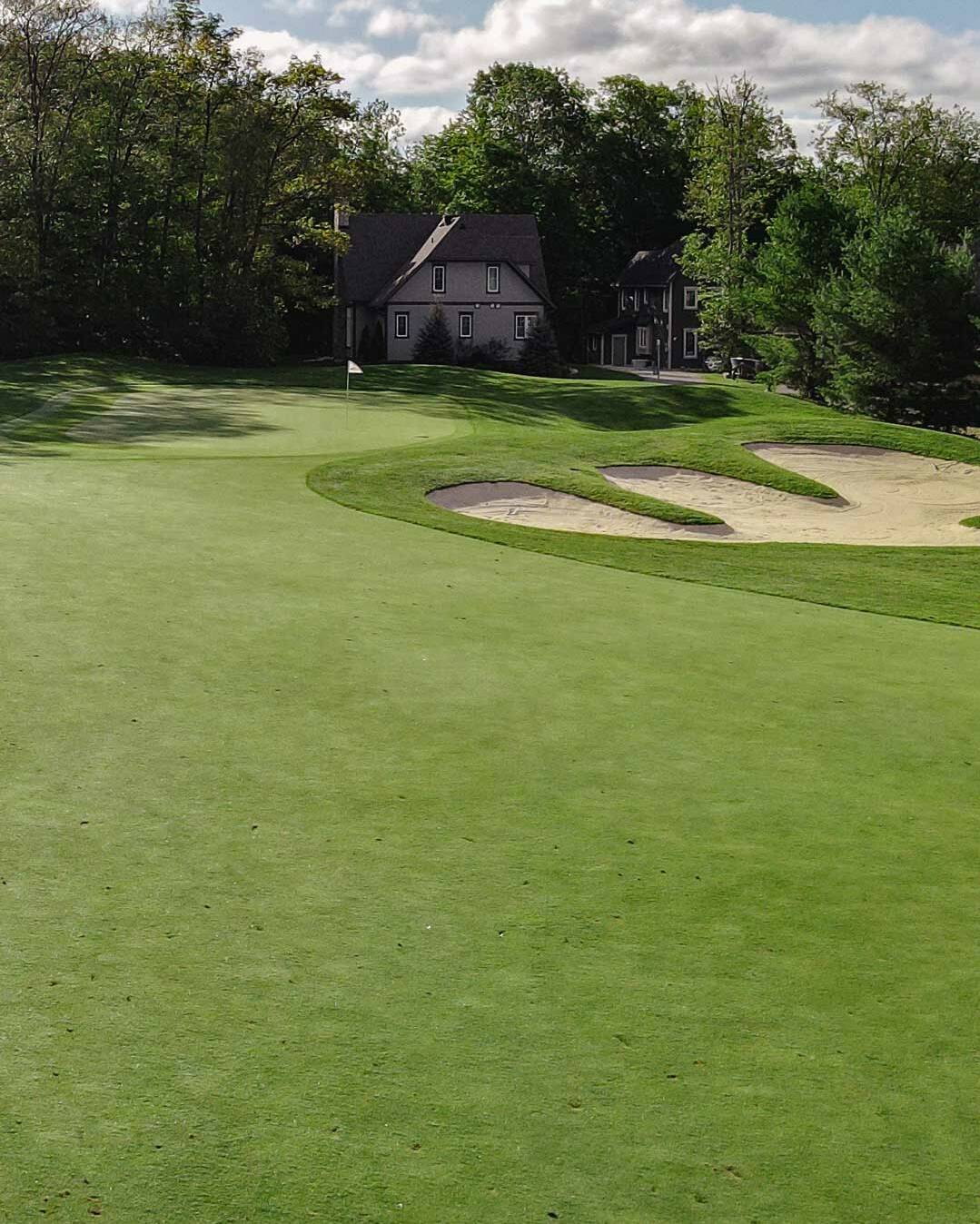 Muskoka golf green with bunker and home